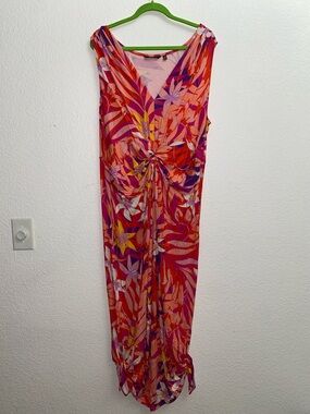 IMAN Tropical Twist Front Sleeveless Dress 3XP Pink Orange Floral Stretch Top